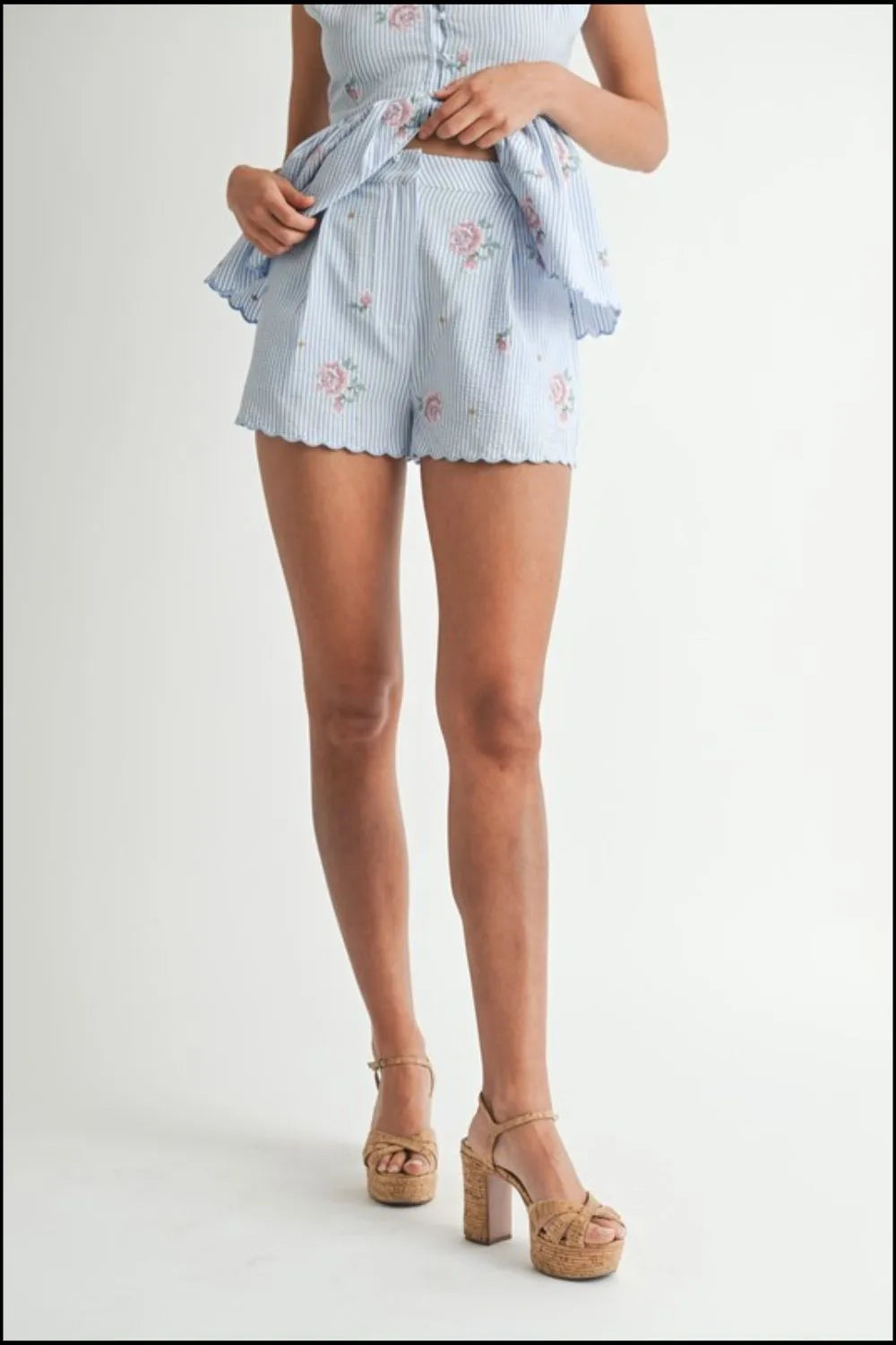 TEEK - Blue Stripe Embroidered Peplum Cami Shorts Set SET TEEK Trend