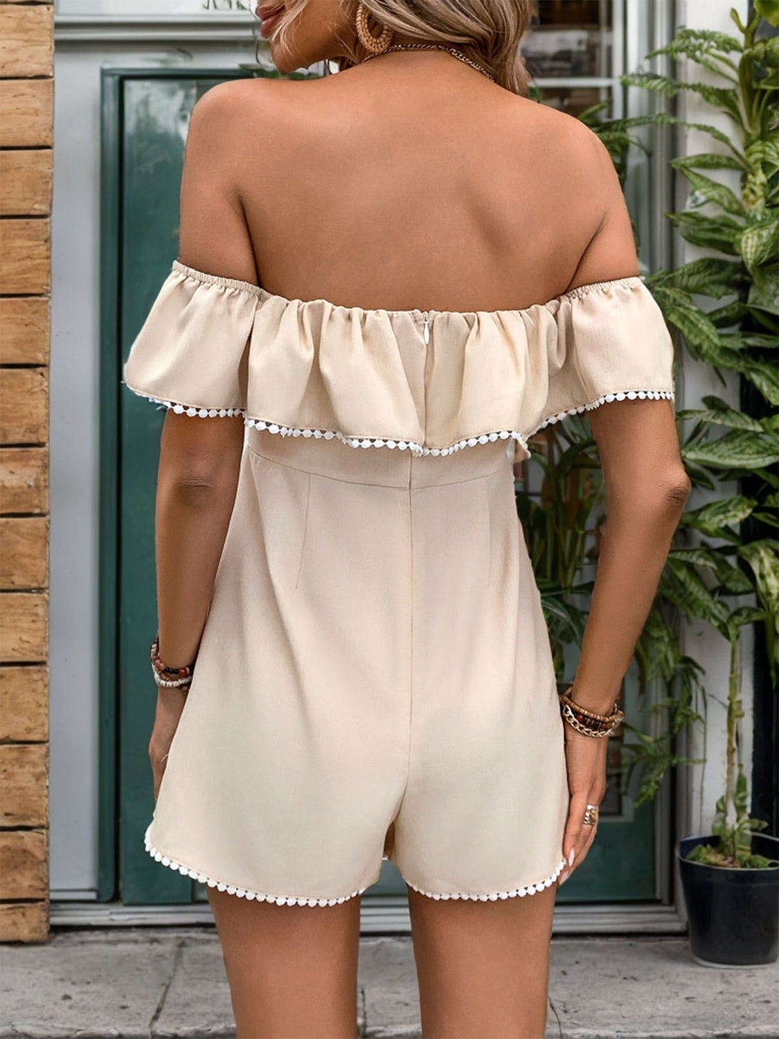 TEEK - Sand Tied Ruffled Off-Shoulder Short Sleeve Romper JUMPSUIT TEEK Trend   