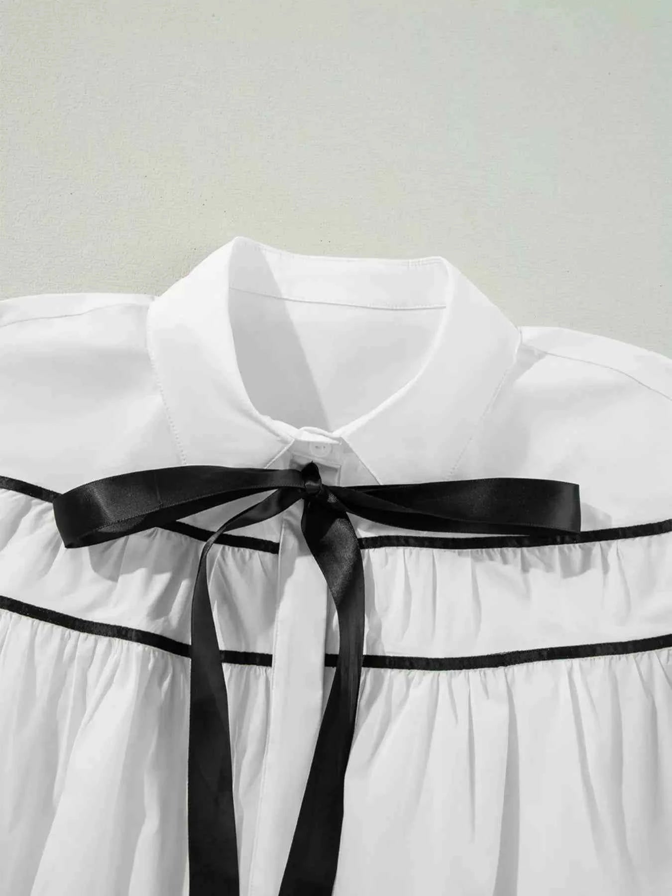 TEEK - Elegant Contrast Bow-Tie Ruffle Blouse TOPS TEEK Trend