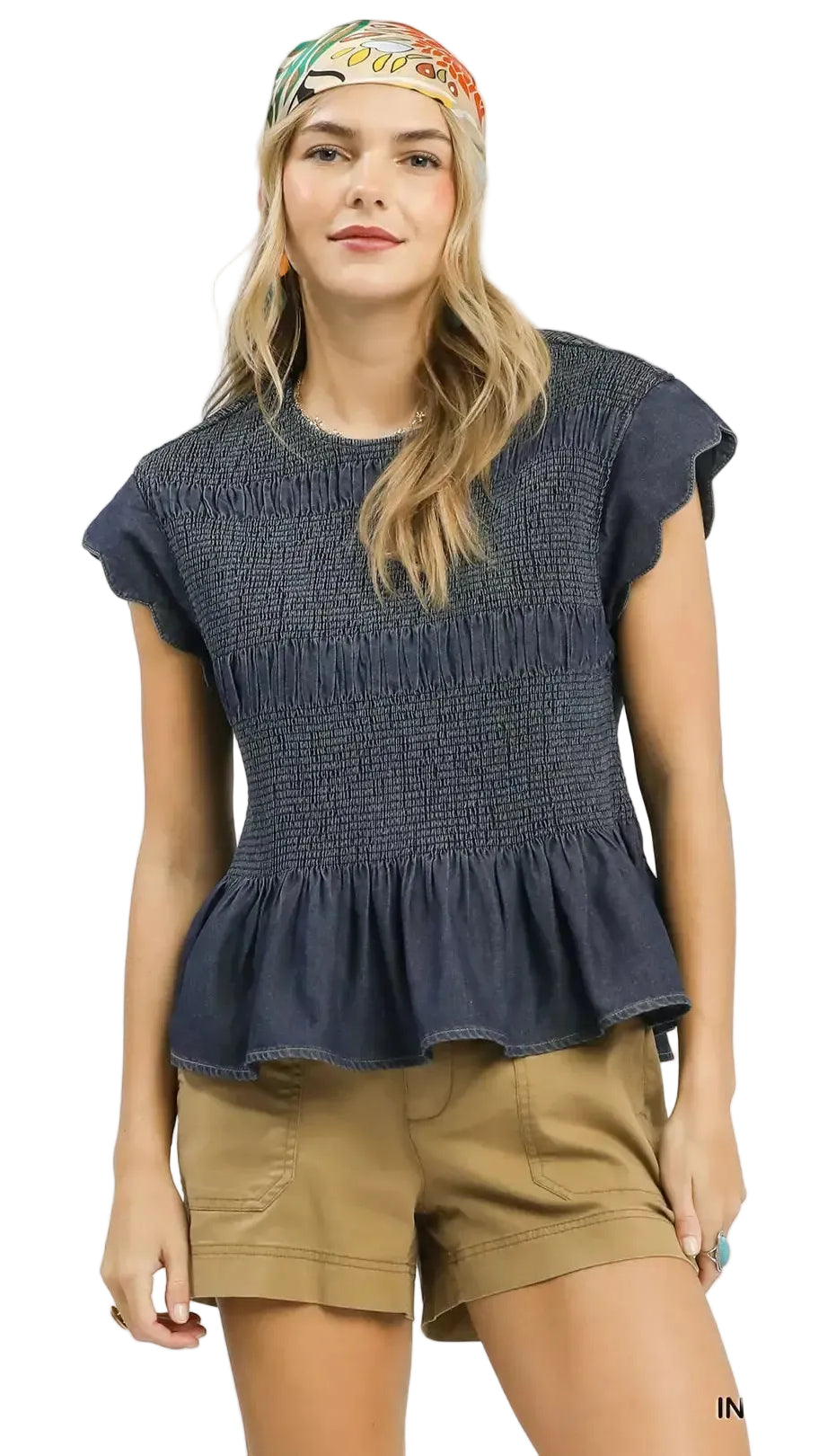 Umgee Smocked Peplum Top with Scalloped Ruffle Cap Sleeves Trendsi INDIGO S