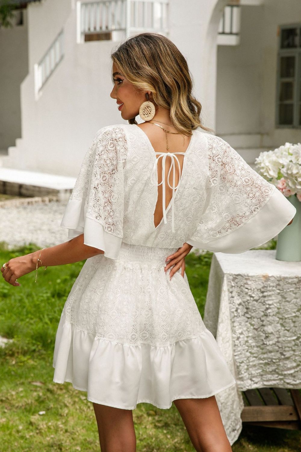 TEEK - White Lace Falling Button Half Sleeve Dress DRESS TEEK Trend   