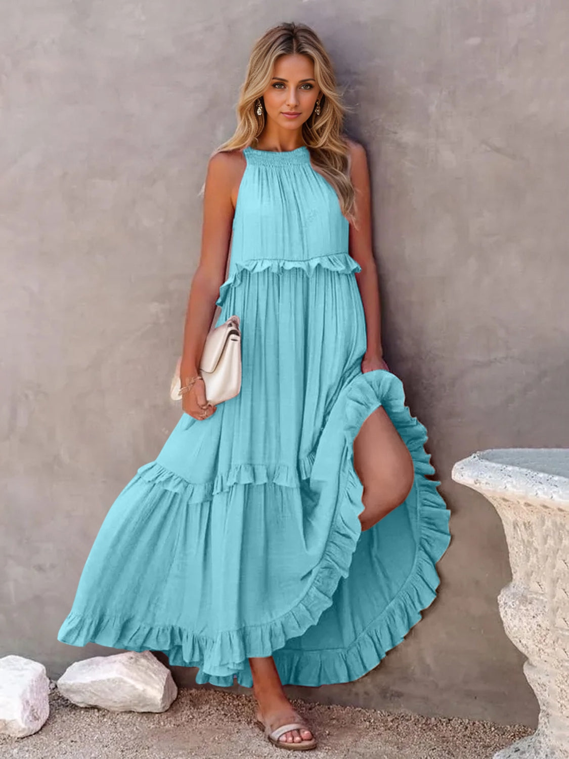 TEEK - Ruffled Sleeveless Tiered Pocketed Dress DRESS TEEK Trend Sky Blue S 
