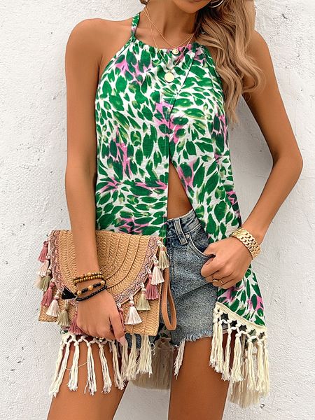 TEEK - Green Floral Halter Front Split Tassel Trim Top TOPS TEEK W   