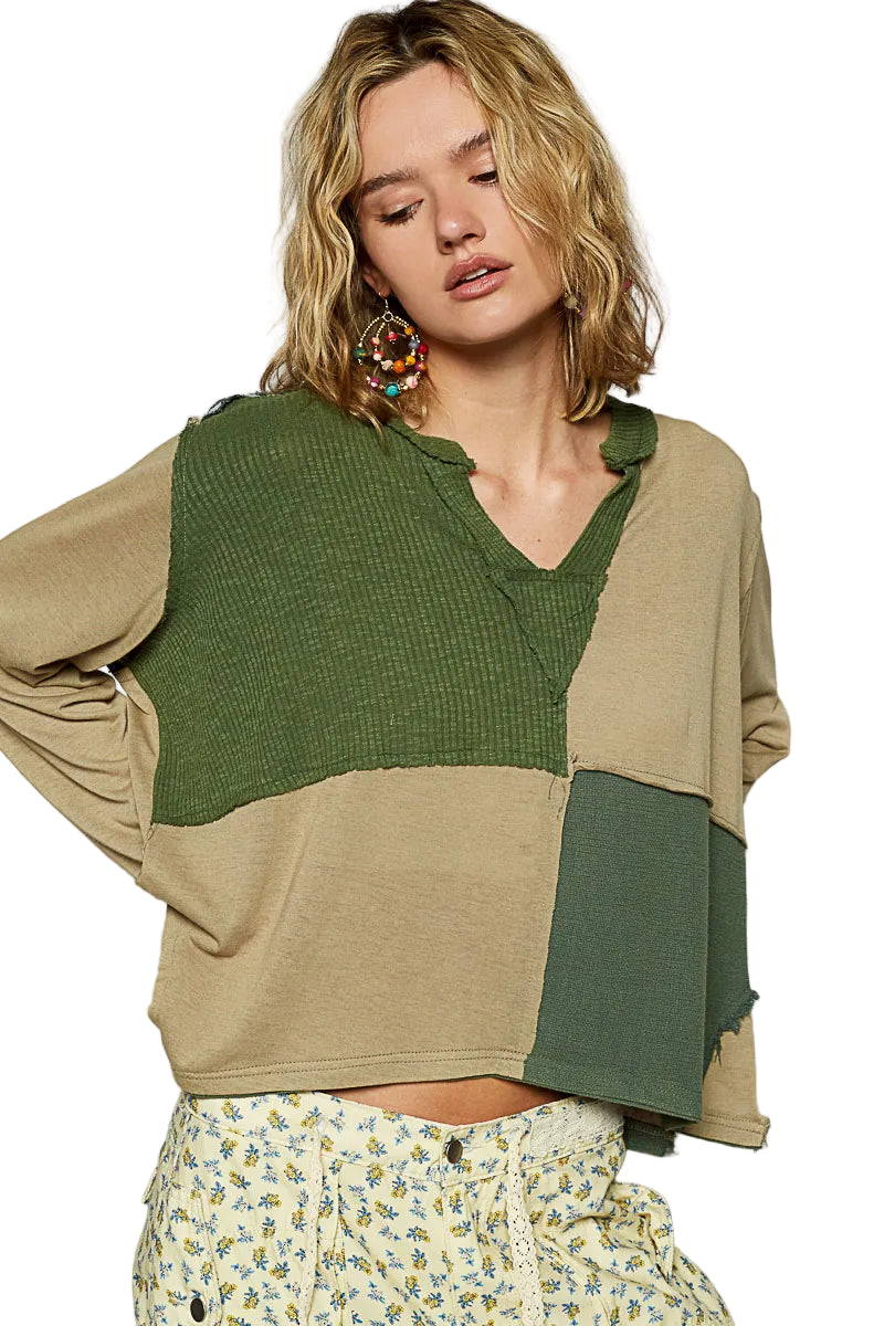 TEEK - Matcha Green Color Block Notched Long Sleeve T-Shirt TOPS TEEK Trend S