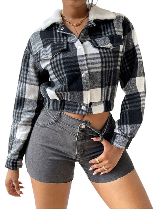 TEEK - Plaid Snap Down Collared Neck Cropped Jacket JACKET TEEK Trend Black S