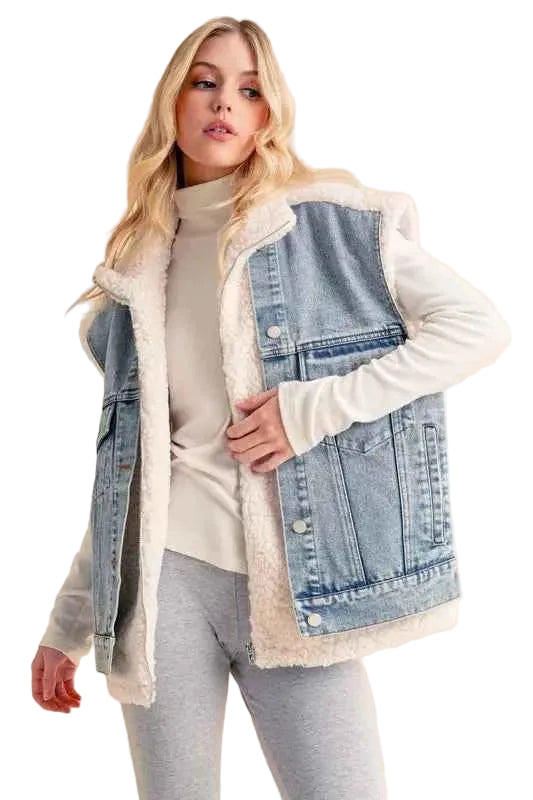 TEEK - Fake Two Pieces Denim Patch Sherpa Vest Coat VEST TEEK Trend Light S