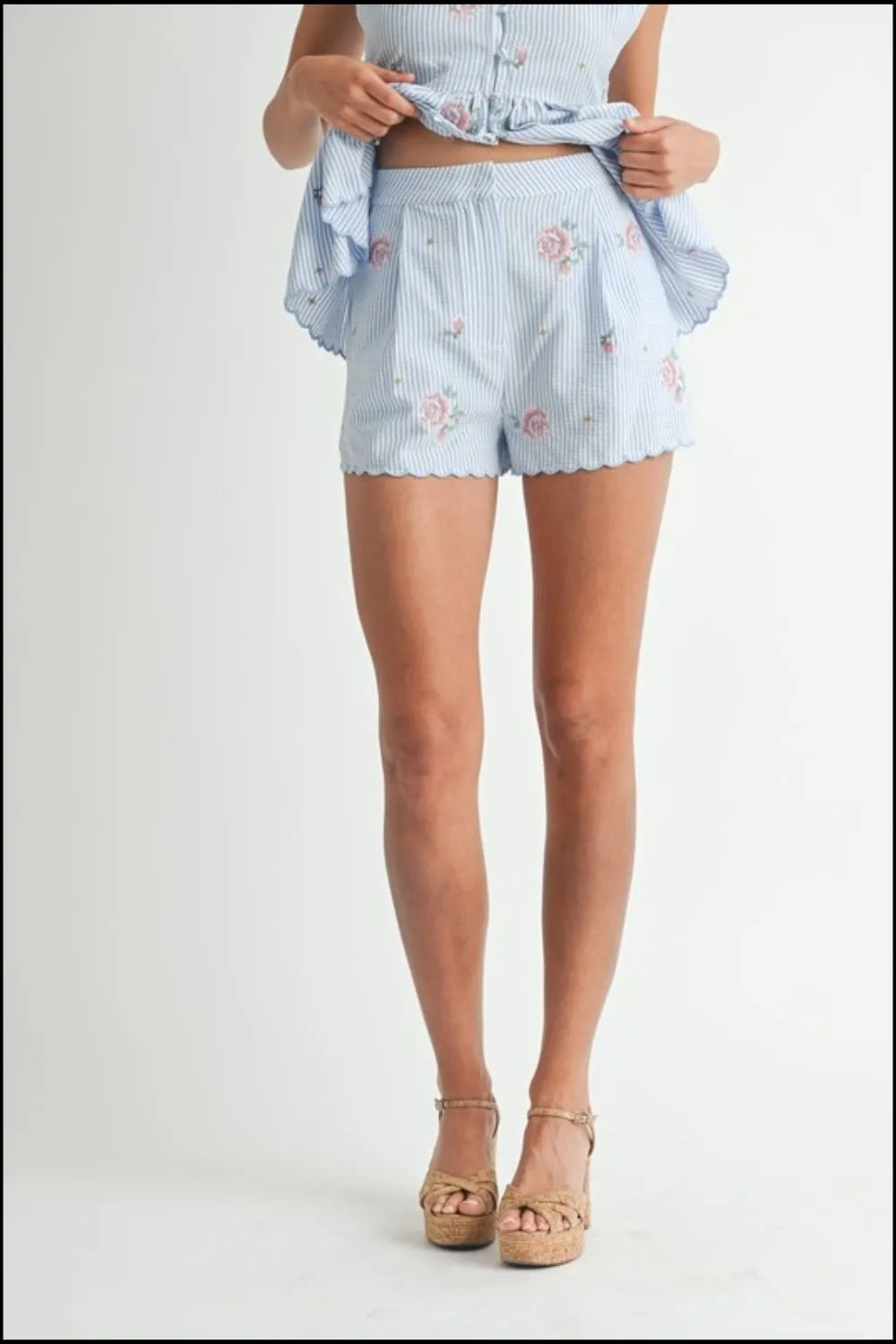 TEEK - Blue Stripe Embroidered Peplum Cami Shorts Set SET TEEK Trend