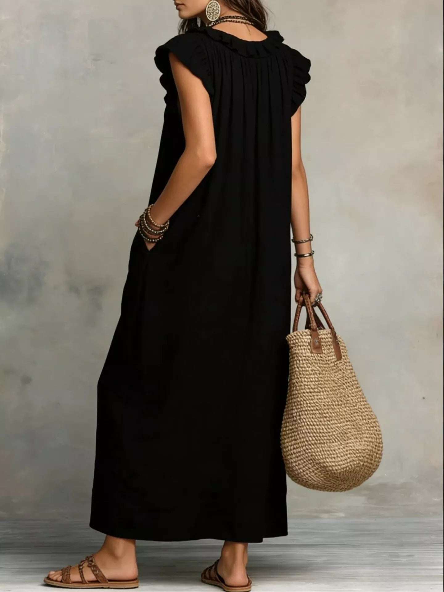 TEEK - Ruffled V-Neck Cap Sleeve Maxi Dress DRESS TEEK Trend