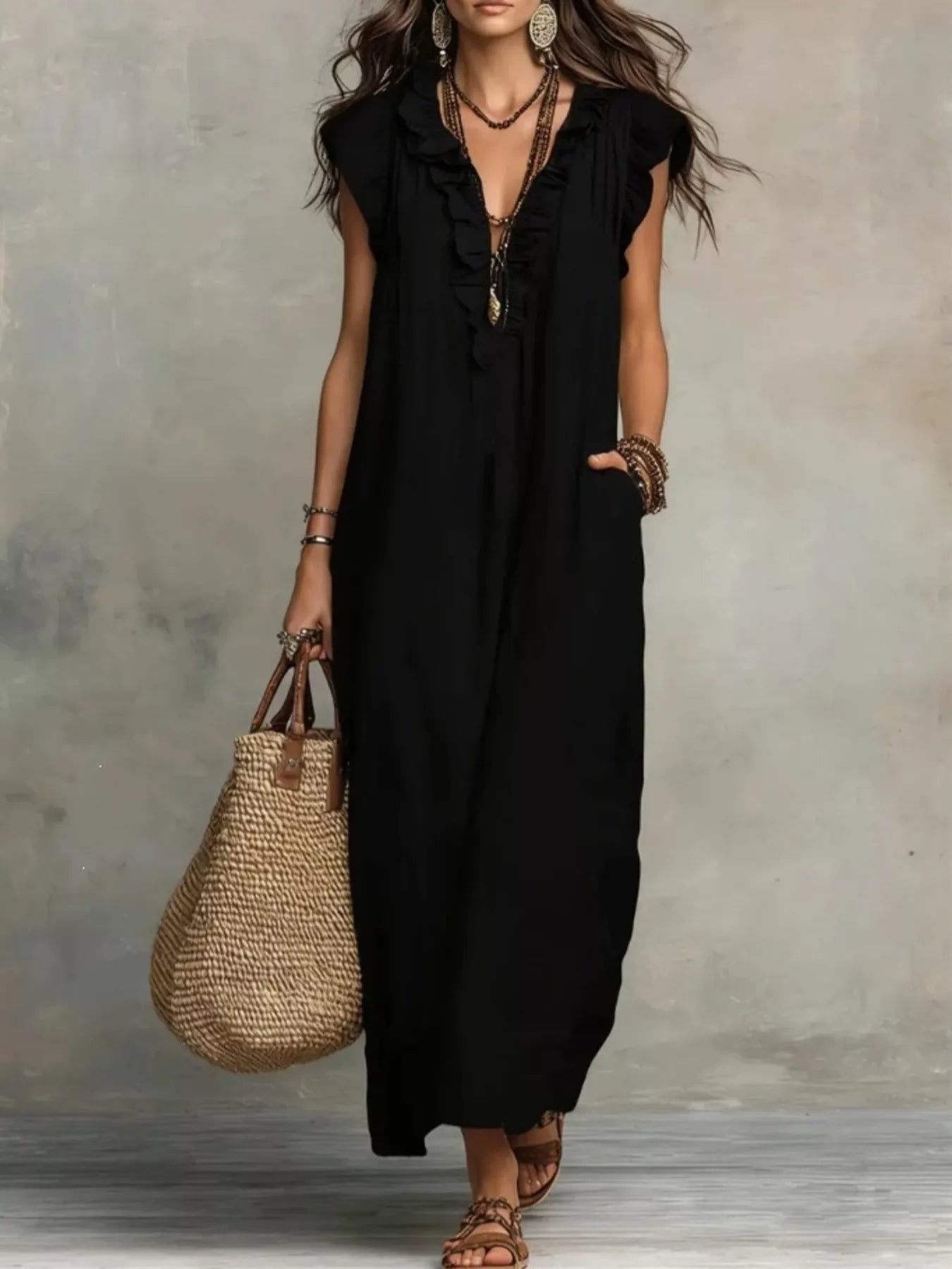 TEEK - Ruffled V-Neck Cap Sleeve Maxi Dress DRESS TEEK Trend Black S