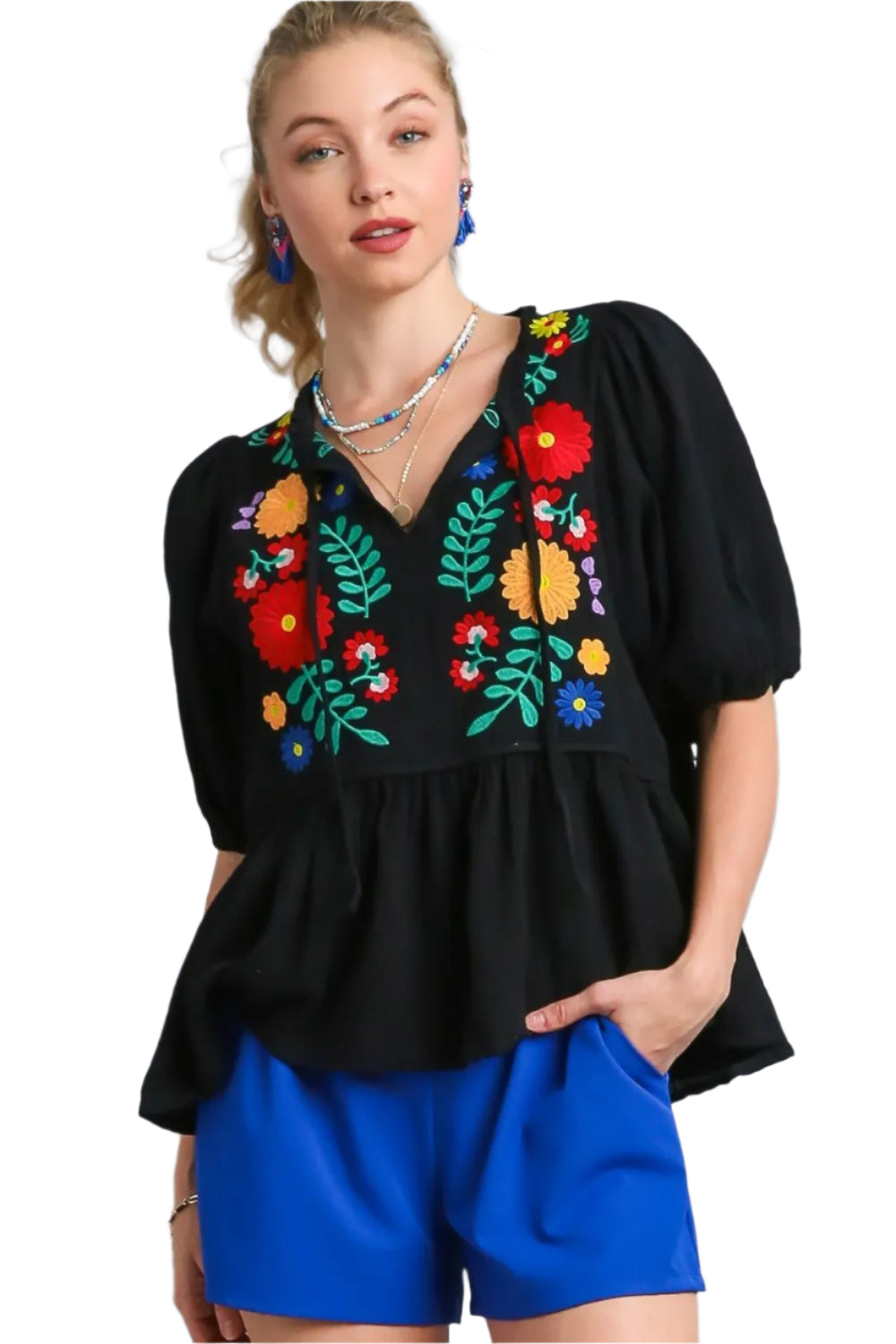 TEEK - Cotton Gauze Floral Embroidery Babydoll Blouse Plus Size TOPS TEEK Trend S