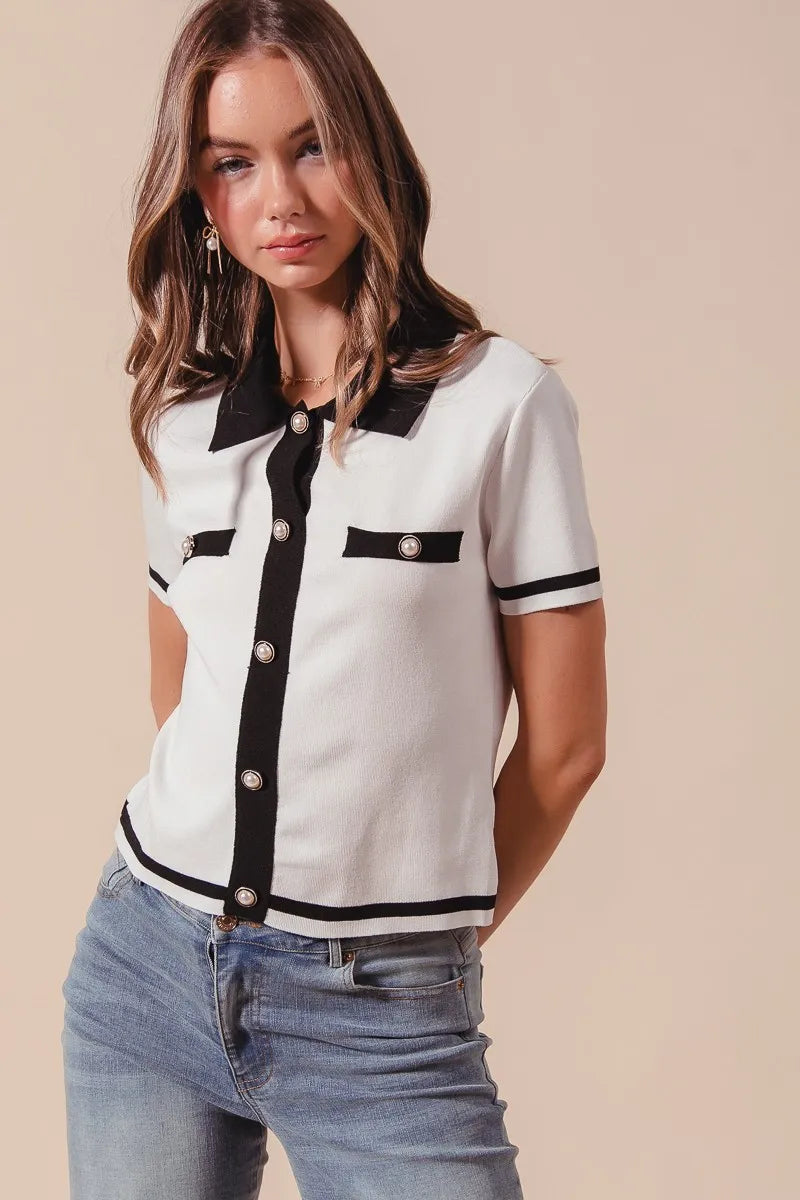 TEEK - Ivory Black Button Down Knitted Sweater Shirt Top TOPS TEEK Trend