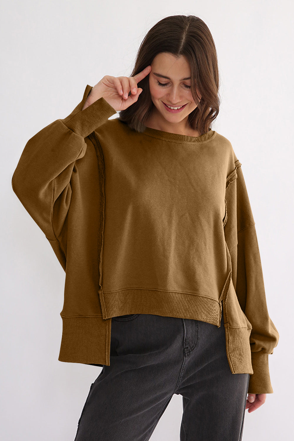 TEEK - Exposed Seam High-Low Long Sleeve Sweatshirt TOPS TEEK Trend Camel One Size