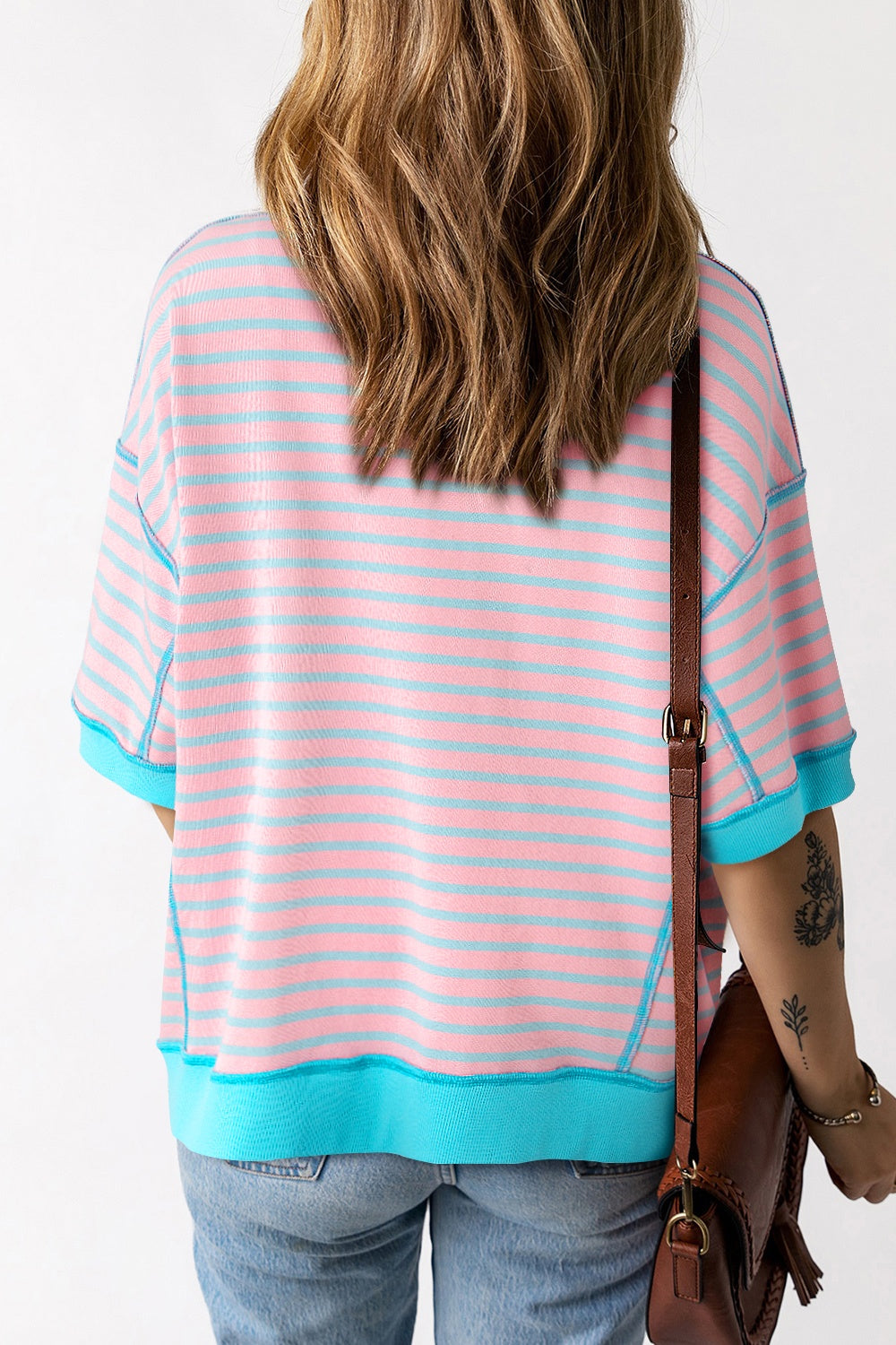 TEEK - Blush Pink Striped Round Neck Half Sleeve Shirt TOPS TEEK Trend   