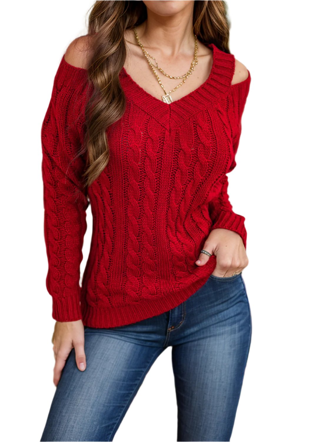 TEEK - Honey Cable-Knit V-Neck Cold Shoulder Sweater TOPS TEEK Trend Scarlet S