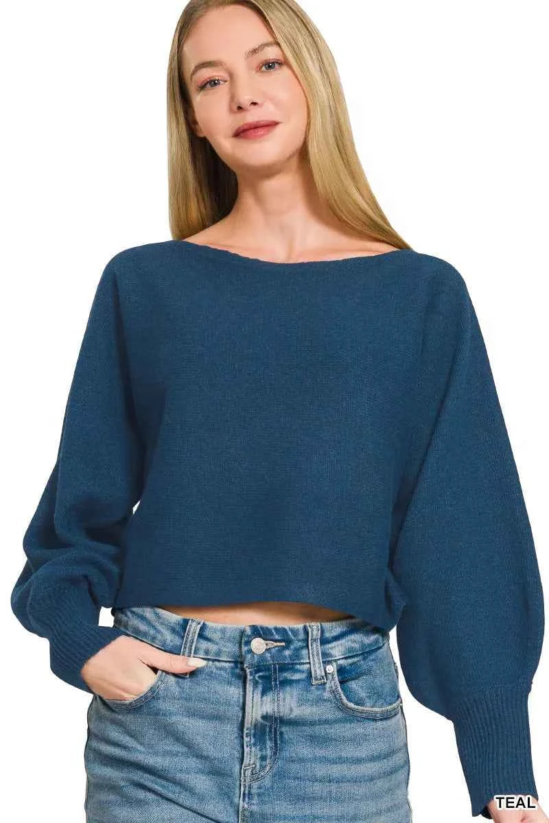 Zenana Boat Neck Balloon Sleeve Sweater Trendsi