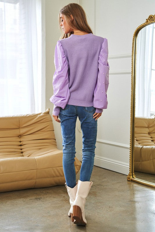TEEK - Pearl Detail Contrast Sleeves Sweater SWEATER TEEK FG   