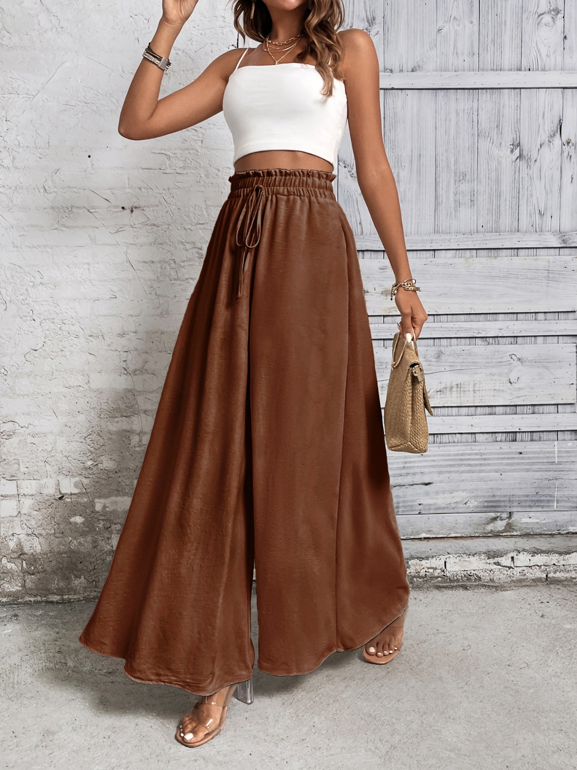 TEEK - Tied High Waist Wide Leg Pants PANTS TEEK Trend Brown S 