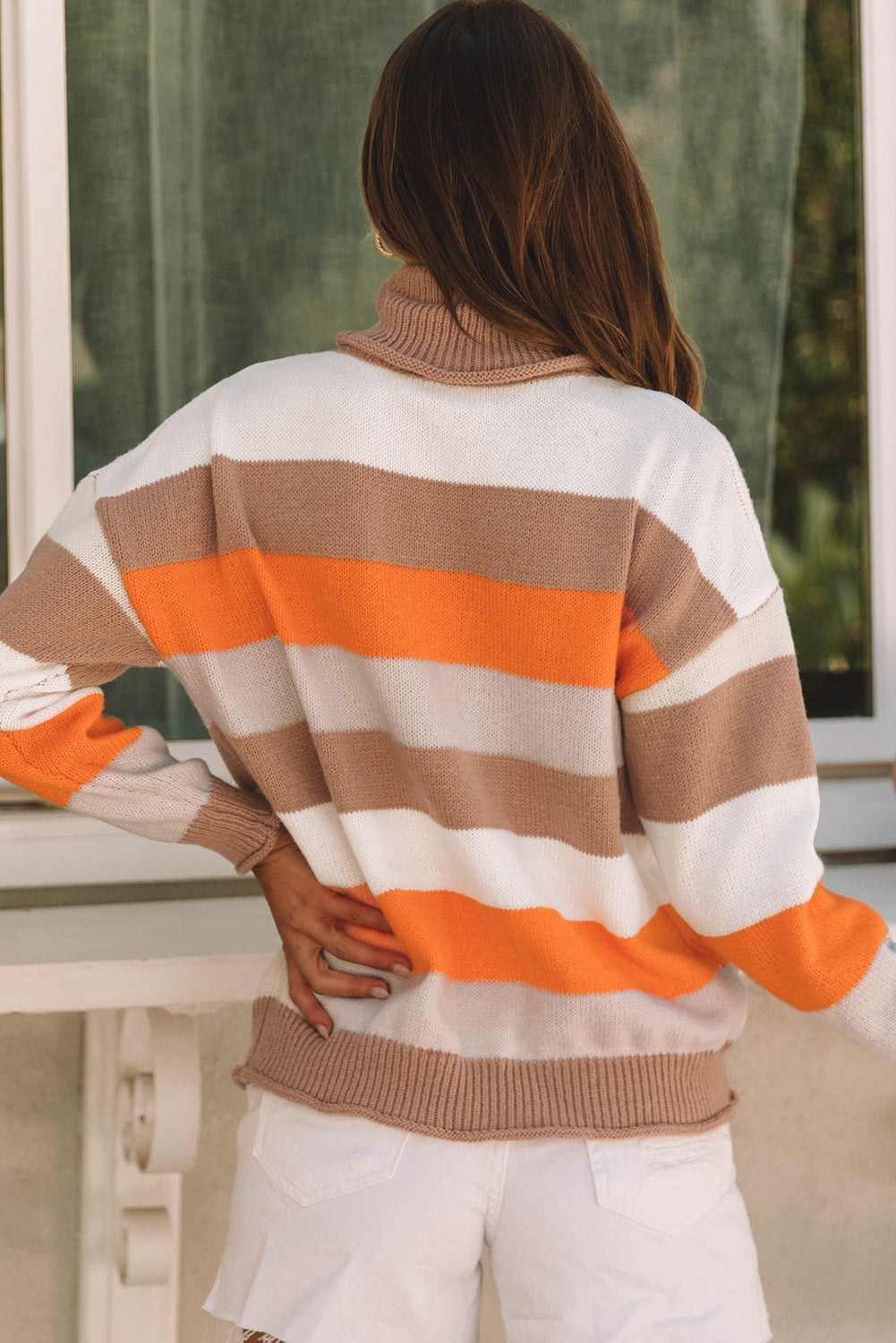 TEEK - Orange Beige Color Block Striped Turtleneck Sweater TOPS TEEK Trend