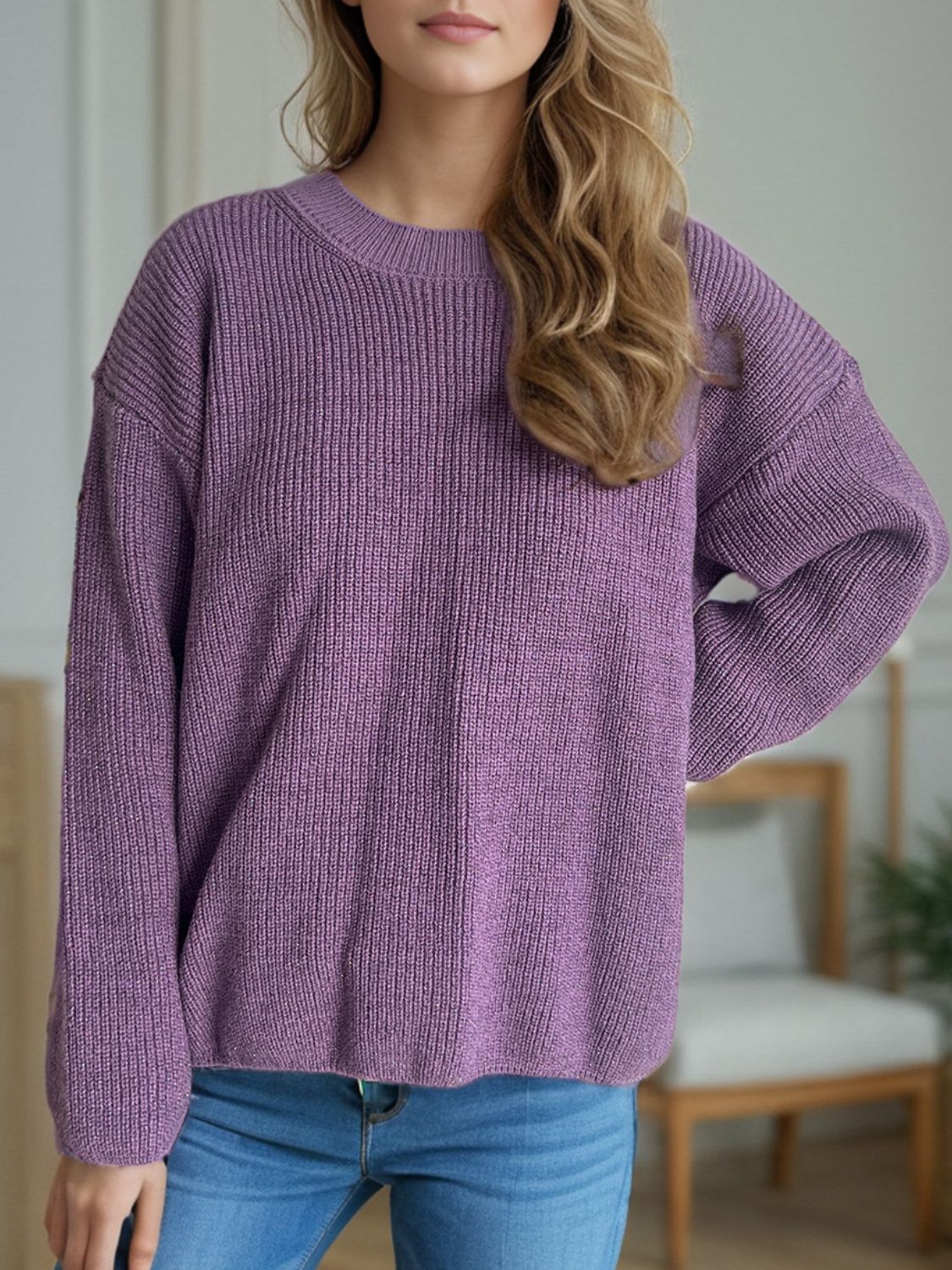 TEEK - Solid Color Round Neck Long Sleeve Sweater TOPS TEEK Trend