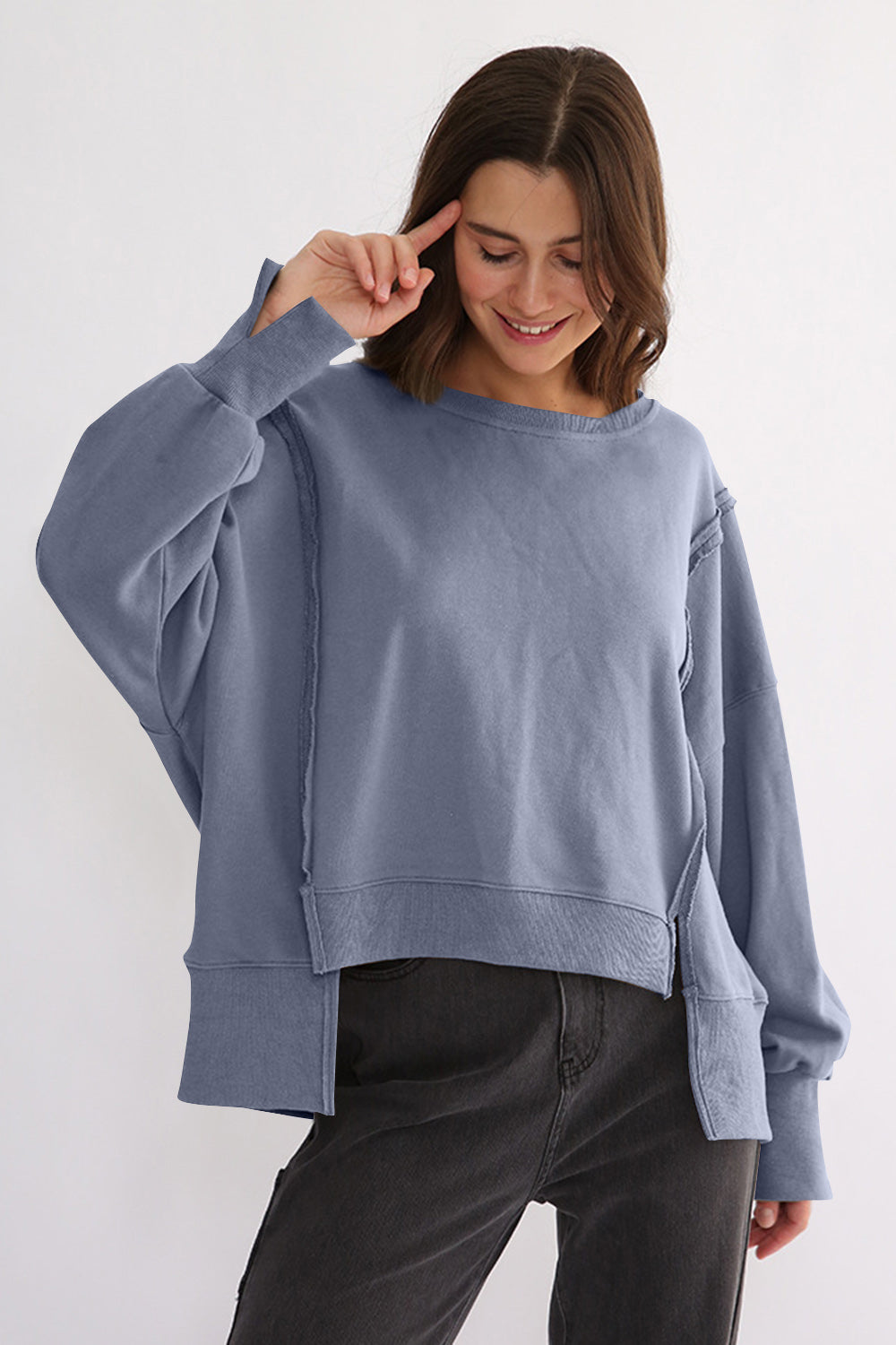 TEEK - Exposed Seam High-Low Long Sleeve Sweatshirt TOPS TEEK Trend Dusty Blue One Size