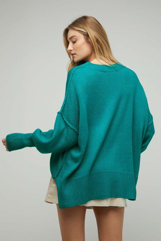 TEEK - Aqua Green Solid Boat Neck Long Sleeve Sweater