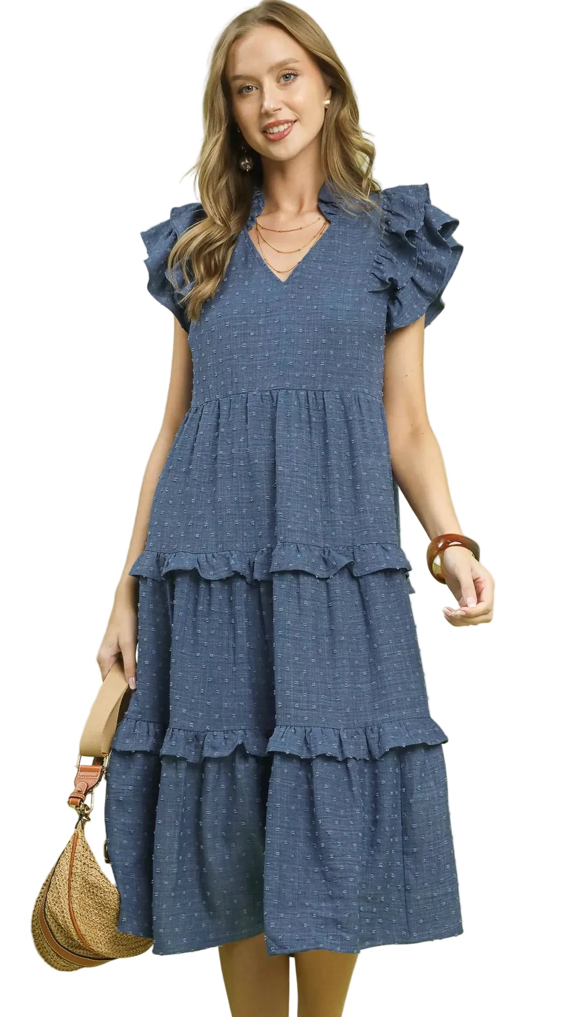 TEEK - Textured Ruffle Sleeve Tiered Midi Dress DRESS TEEK Trend DENIM S