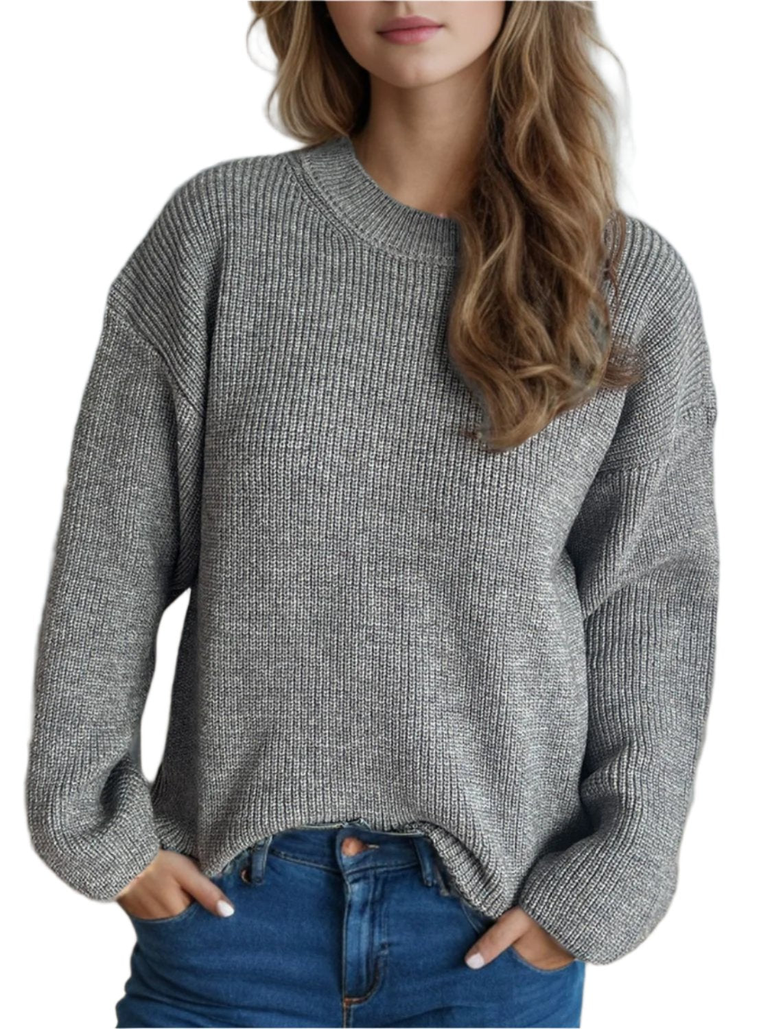 TEEK - Solid Color Round Neck Long Sleeve Sweater TOPS TEEK Trend Gray One Size