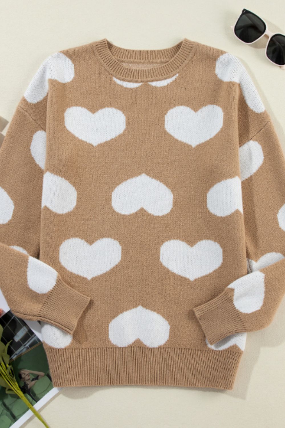 TEEK - Khaki Heart Round Neck Long Sleeve Sweater SWEATER TEEK Trend