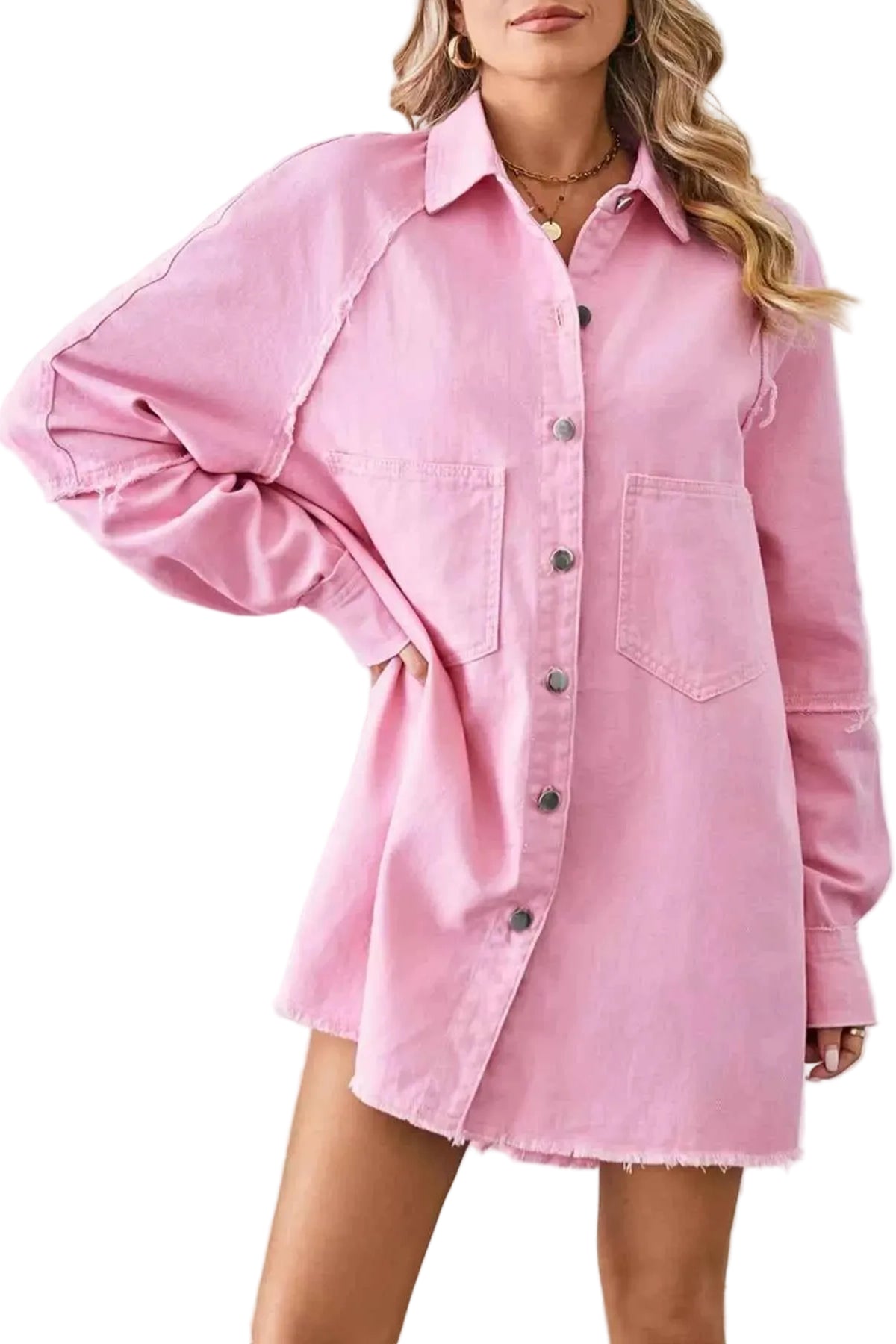TEEK - Button-Down Raw Hem Denim Dress DRESS TEEK Trend Blush Pink S