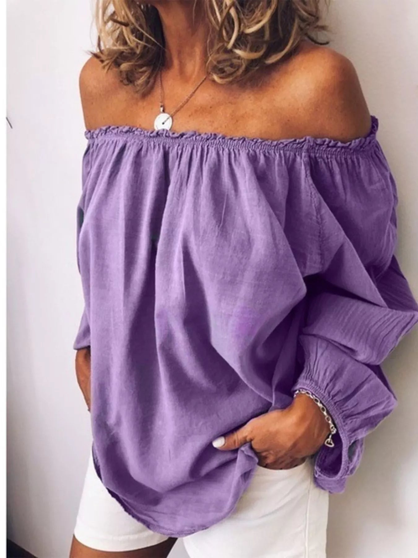Off-Shoulder Frill Trim Blouse Trendsi Purple S