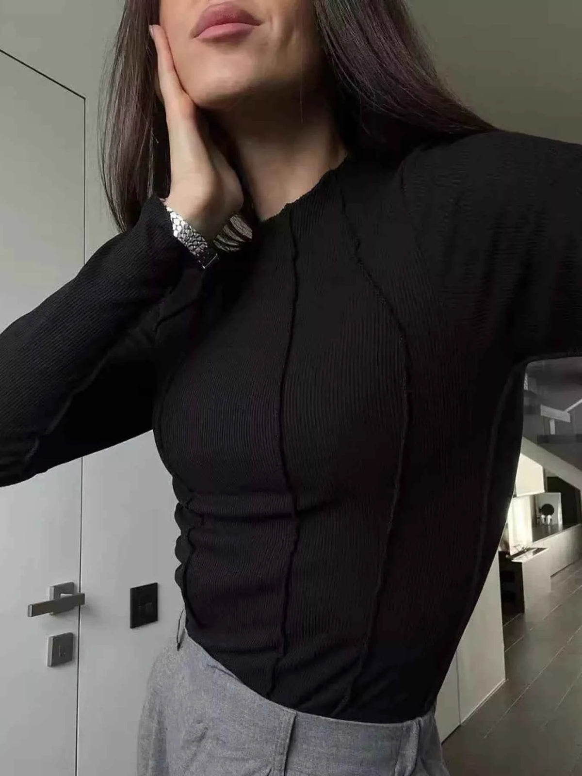 Seam Detail Long Sleeve T-Shirt Trendsi Black S