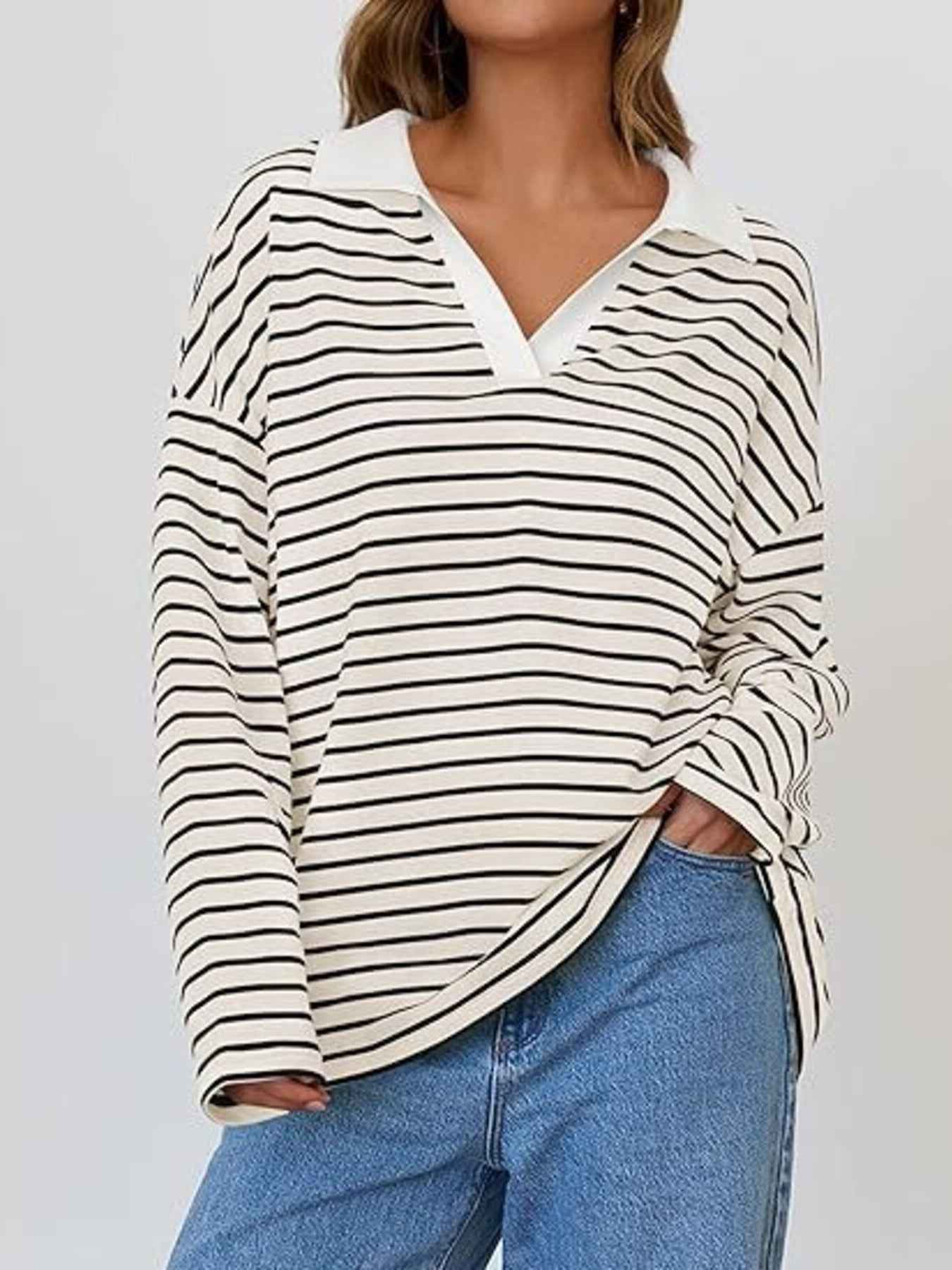 Striped Contrast Collar Long Sleeve Top Trendsi White S