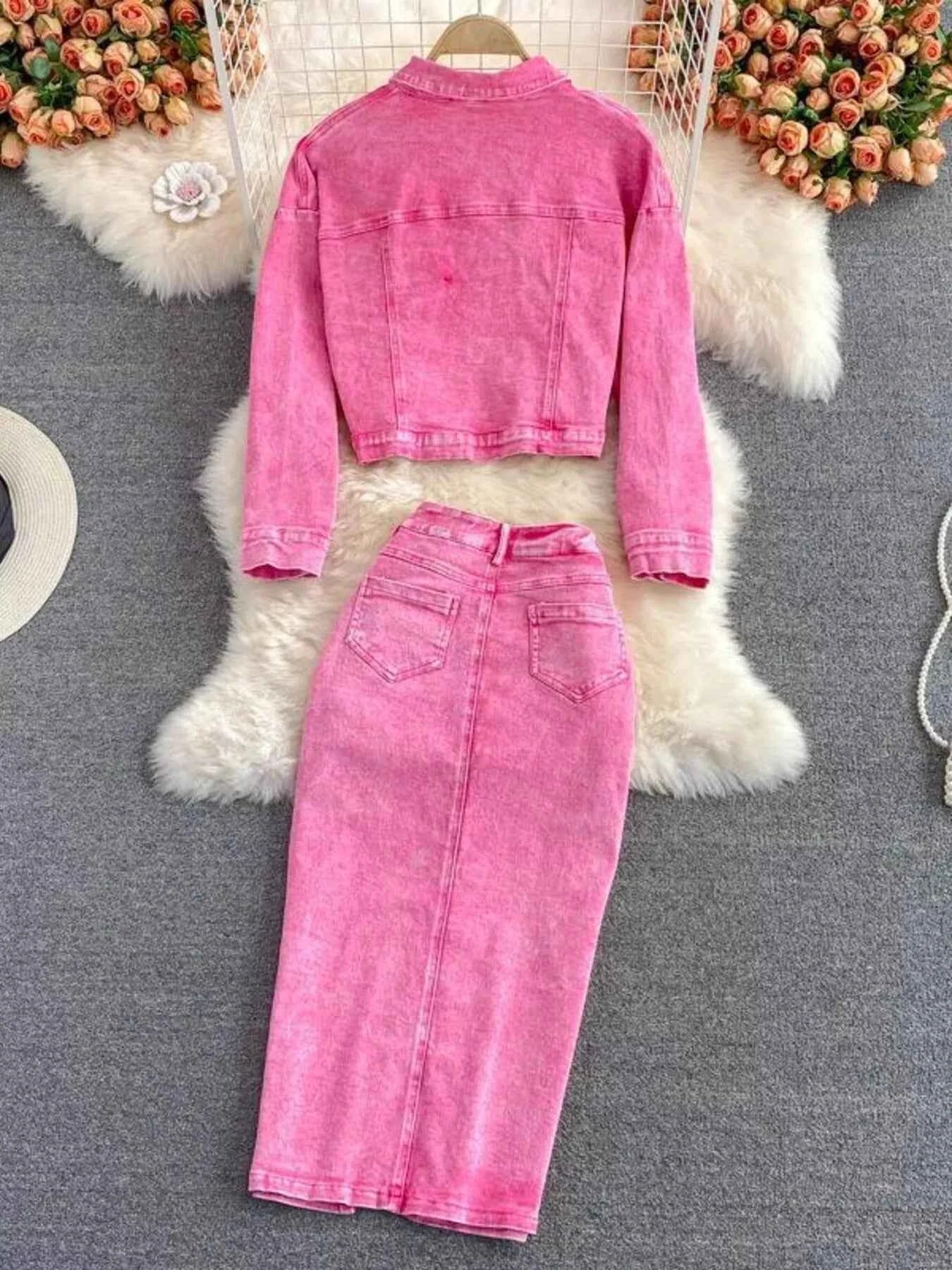 TEEK - Button Up Jacket and Slit Skirt Denim Set SET TEEK Trend