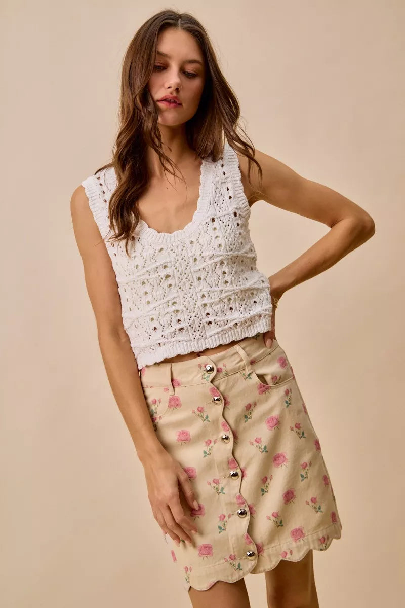 TEEK - Floral Rose Print Cotton Twill Scallop Mini Skirt SKIRT TEEK Trend