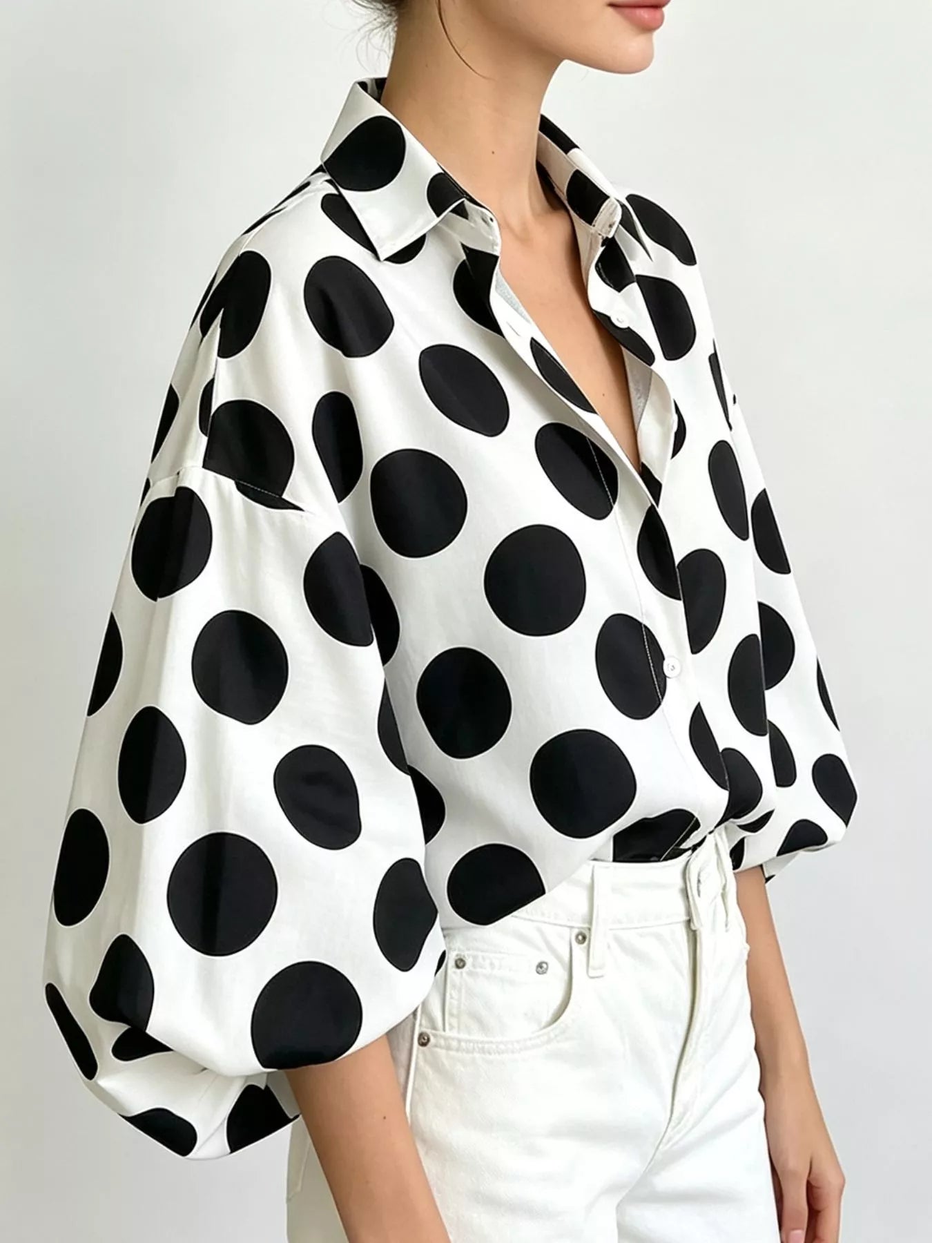 Polka Dot Puff Sleeve Shirt Trendsi