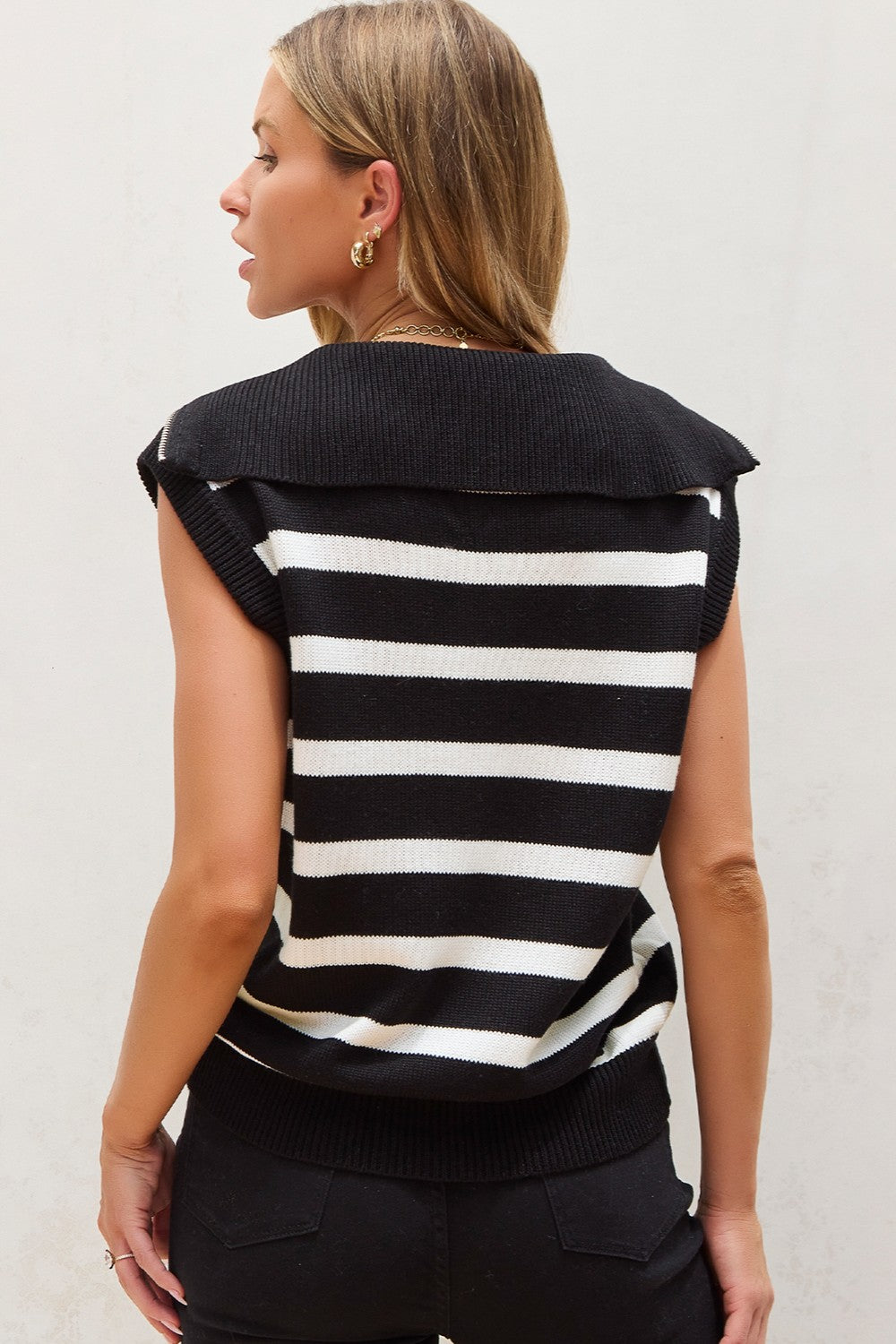 TEEK - Black White Striped Half Zip Sweater Vest TOPS TEEK Trend   