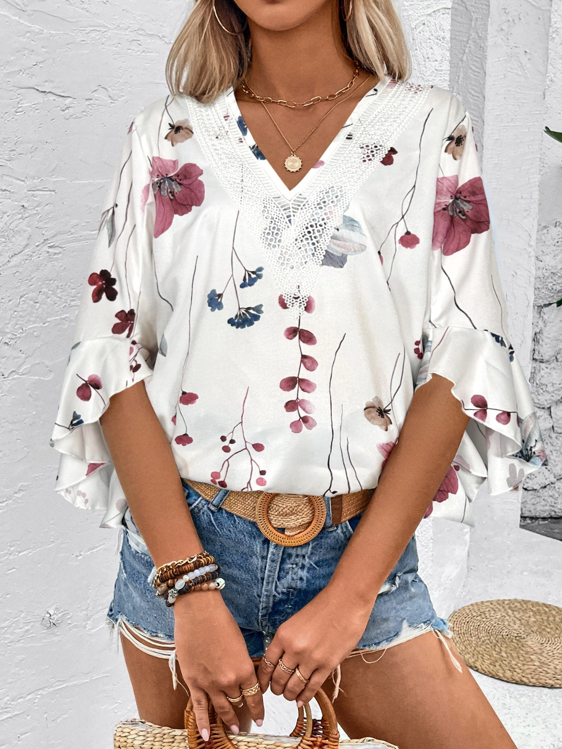 TEEK - Honey Ruffled Printed V-Neck Half Sleeve Blouse TOPS TEEK Trend   