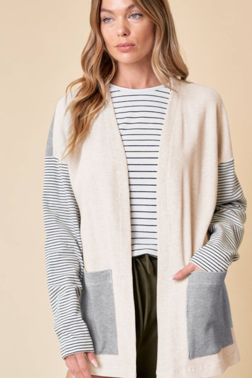 TEEK - Light Grey Open Front Long Sleeve Striped Pocketed Cardigan SWEATER TEEK Trend