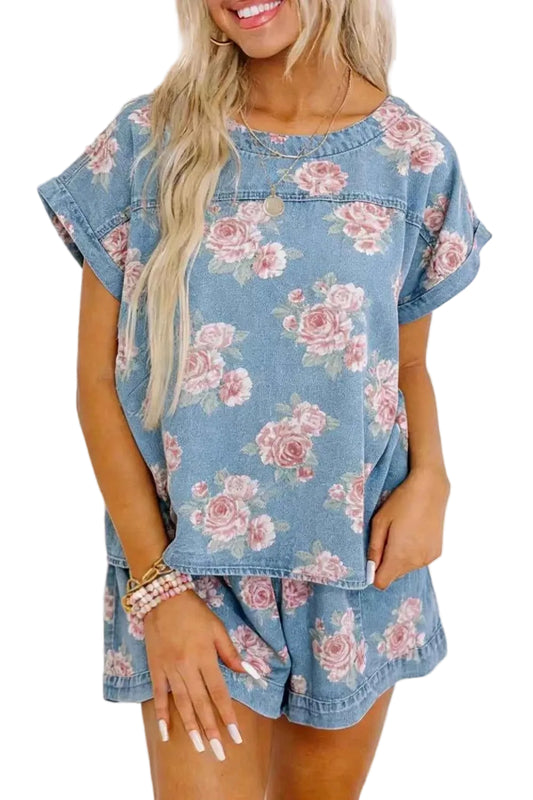 TEEK - Floral Print Top and Shorts Denim Set SET TEEK Trend Light Blue S