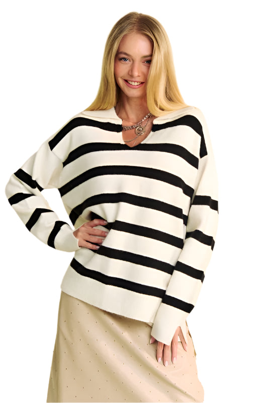 TEEK - White High-Low Side Slit Striped Johnny Collar Sweater TOPS TEEK Trend S