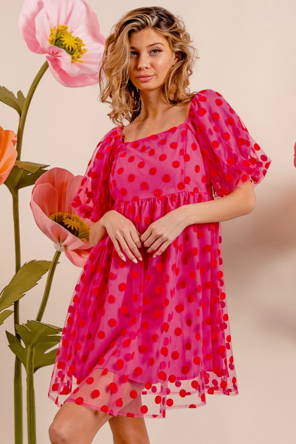 TEEK - Fuchsia Polka Dot Mesh Puff Sleeve Dress DRESS TEEK Trend   