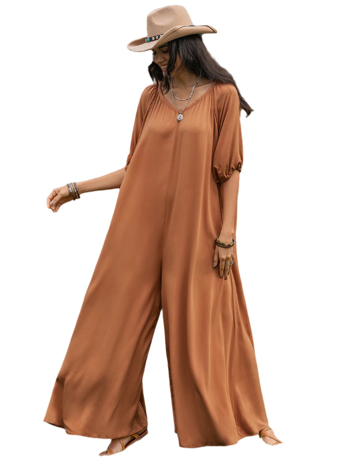 TEEK - Caramel Scoop Neck Half Sleeve Wide Leg Jumpsuit JUMPSUIT TEEK Trend S  