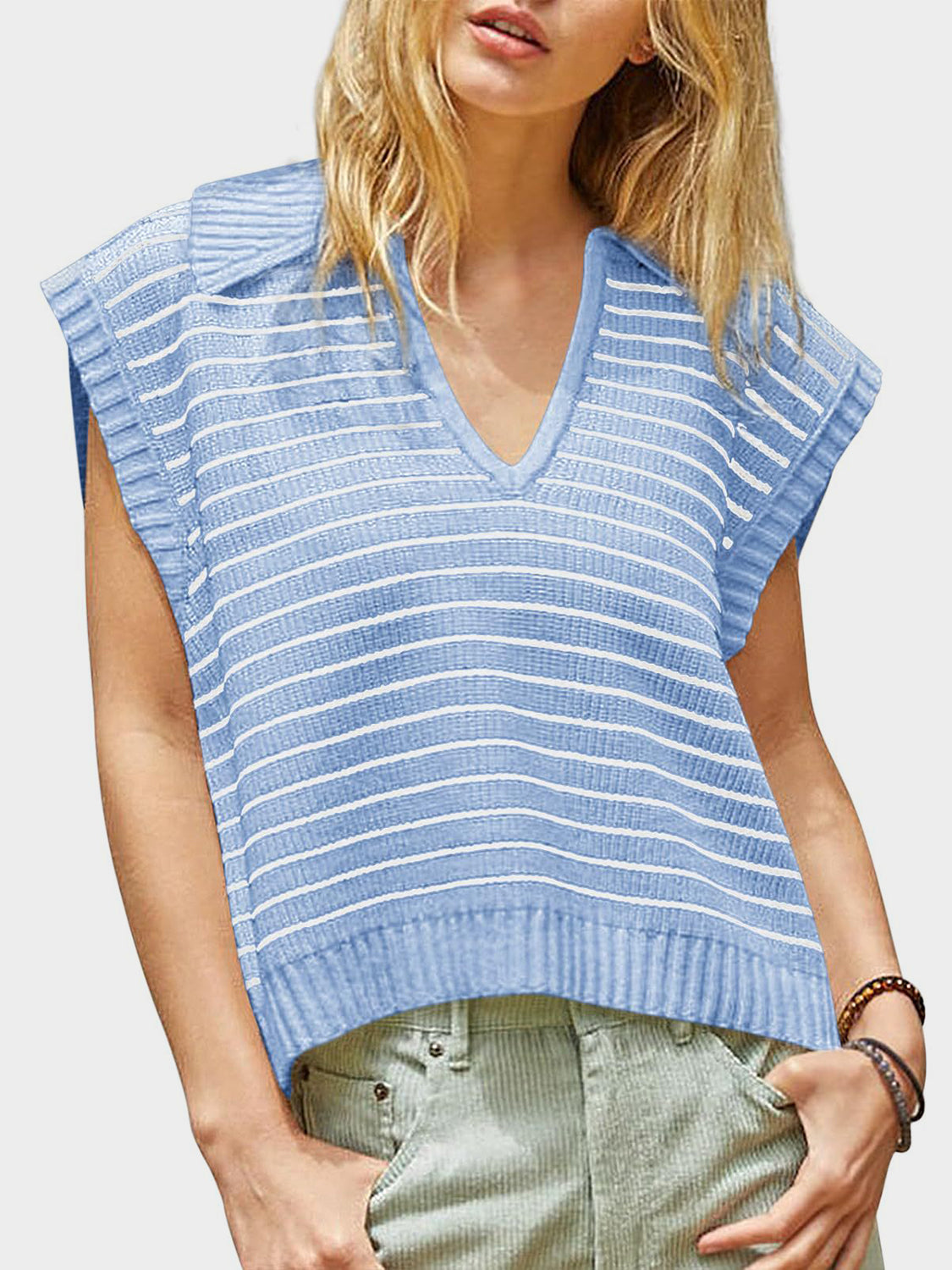 TEEK - Mandy Collared Neck Striped Sweater Vest TOPS TEEK Trend