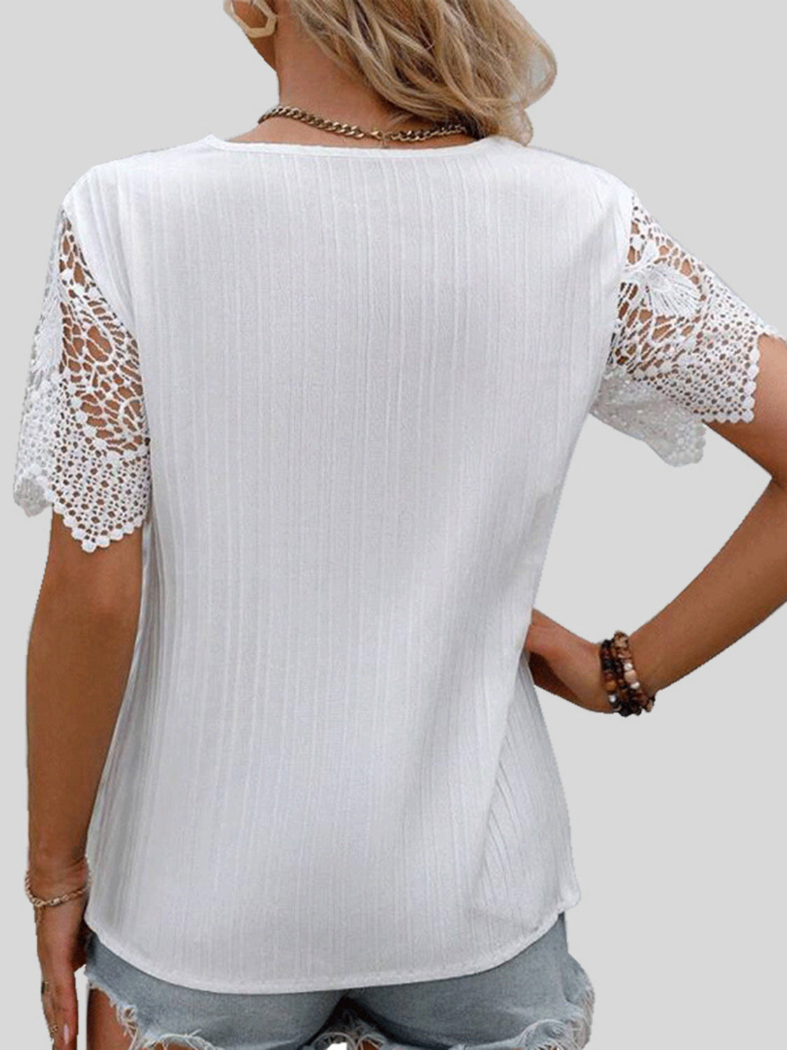 TEEK - Lace Detail V-Neck Short Sleeve Blouse TOPS TEEK Trend   