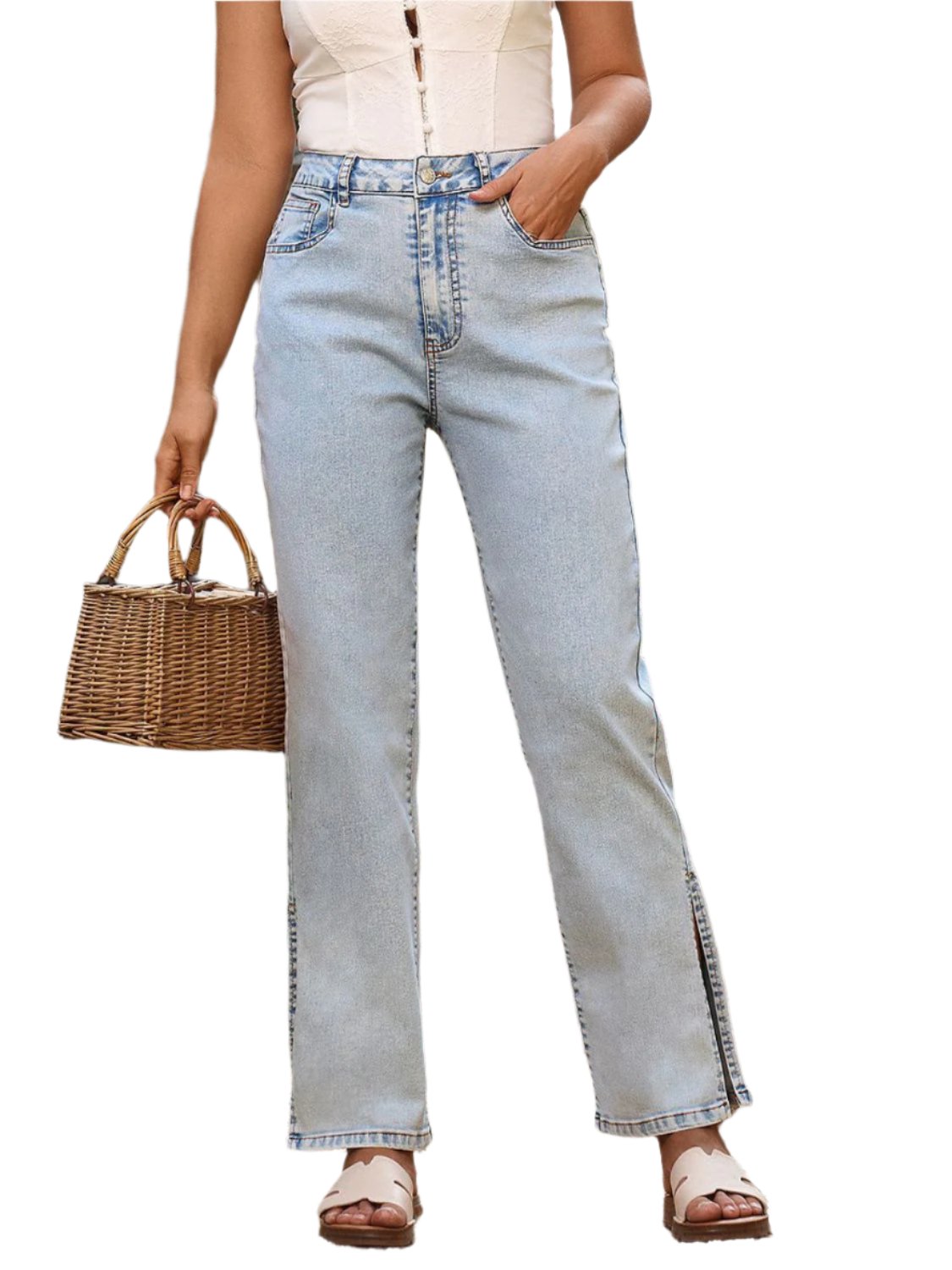 TEEK - Side Slit Straight Leg Jeans with Pockets JEANS TEEK Trend XS