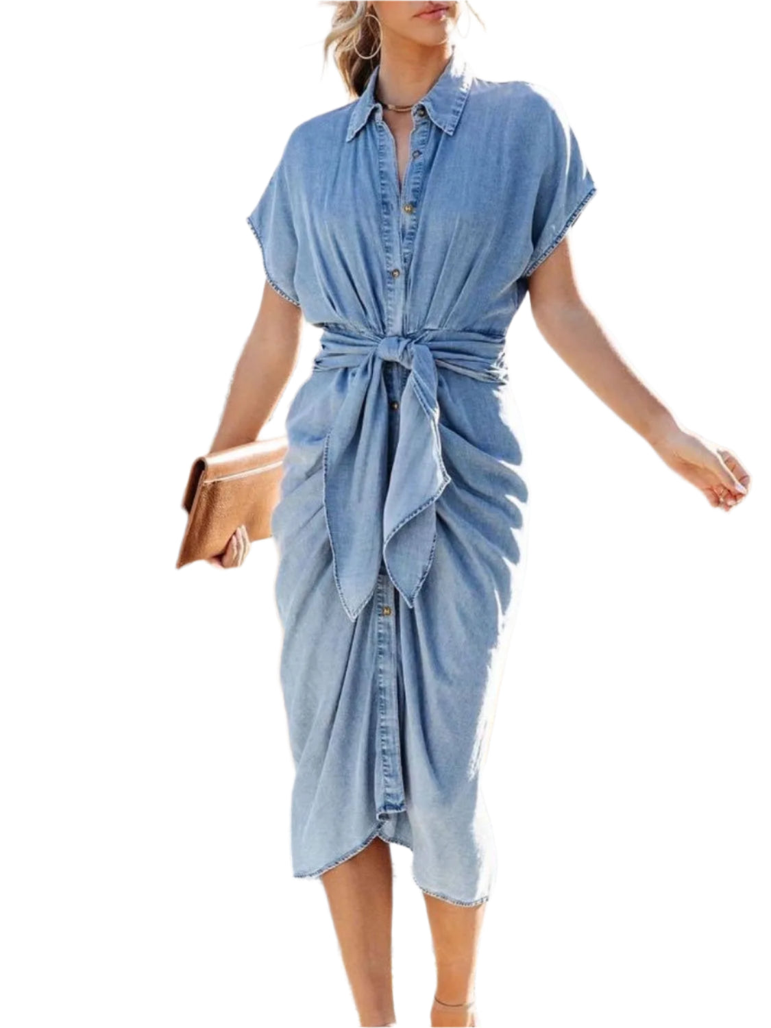 TEEK - Collared Medium Wash Tie Waist Short Sleeve Denim Dress DRESS TEEK Trend S