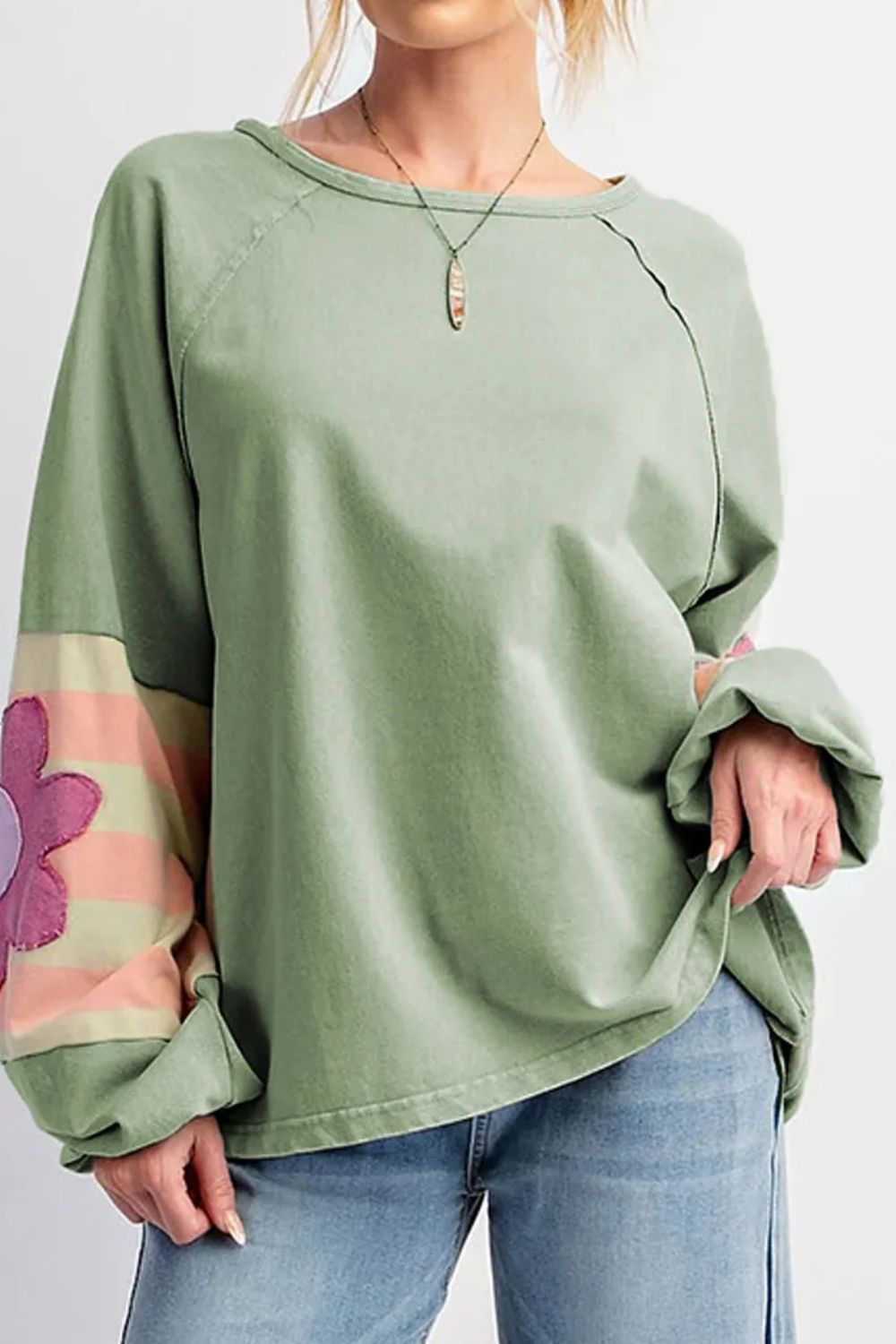 TEEK - Flower Patch Round Neck Balloon Sleeve Top TOPS TEEK Trend   