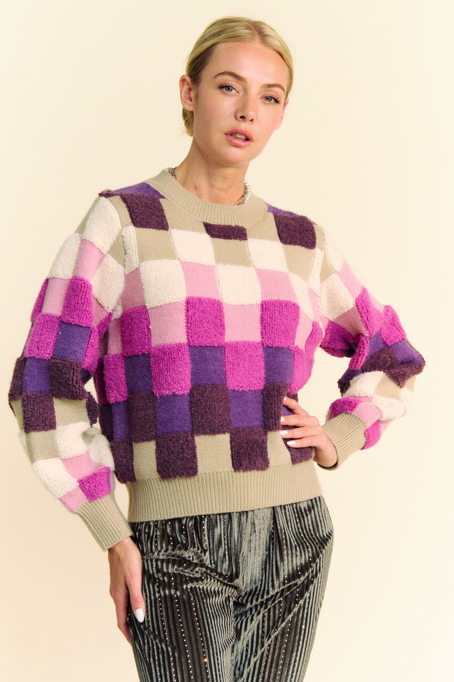 TEEK - Purple Multi Checkered Round Neck Long Sleeve Sweater TOPS TEEK Trend