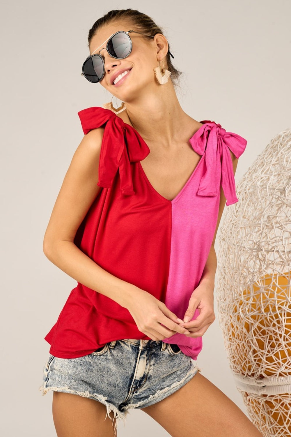 TEEK - Red Fuchsia Shoulder Ribbon Tied Contrast Tank TOPS TEEK Trend   