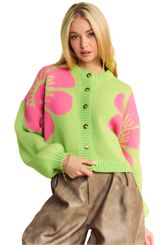 TEEK - Lime Flower Contrast Long Sleeve Cardigan SWEATER TEEK Trend S